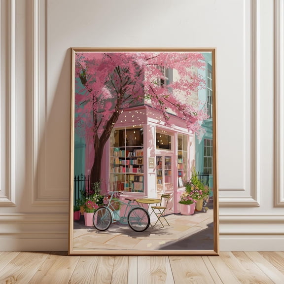 Vintage Bookshop Print Cottage Core Book Lover Gifts Neutral Wall Art Library Pink Prints Reading Decor Book Prints Bedroom Decor, Unframed Paper Print