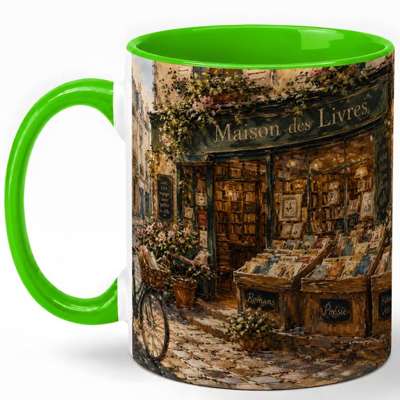 Vintage Bookstore 11oz Ceramic Mug, French Bookshop Coffee Cup, Bicycle Street Art Gift