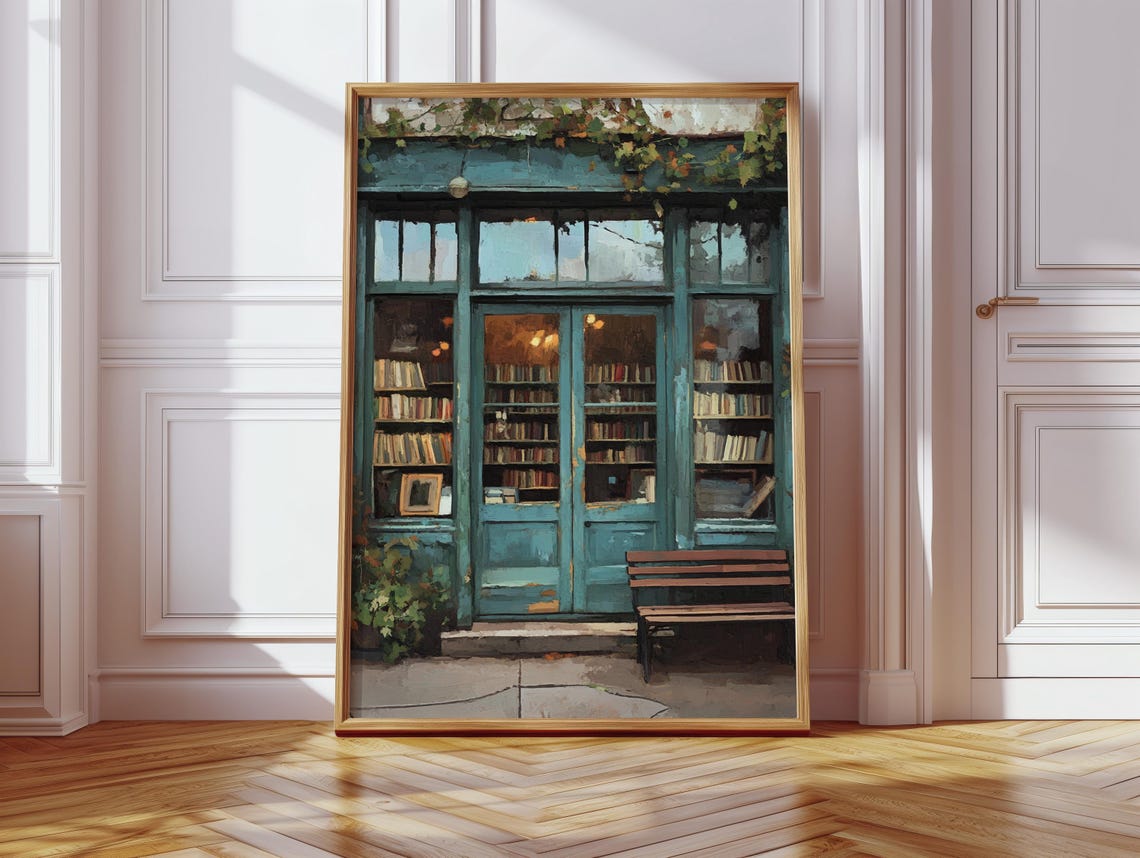 Vintage Bookstore Front With Cozy Bench And Warm Glow Urban Library Art ...