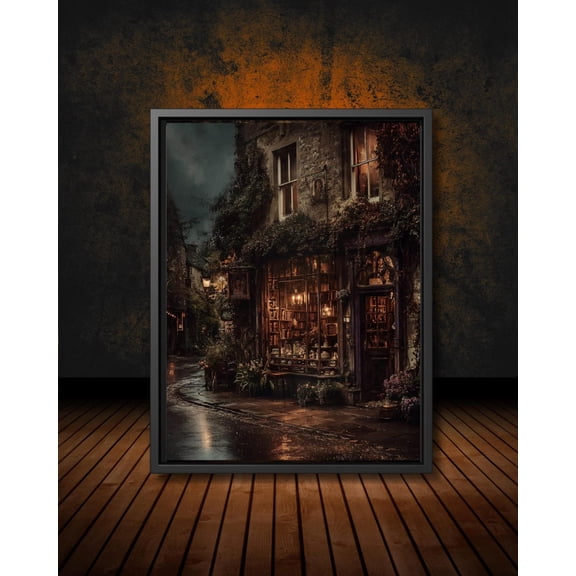Vintage Bookstore Rainy Night Poster, Old Library Style, Book Lover Wall Art Bookish Librarian Illustration Reading Nook Decor, Unframed Canvas Size 8x12