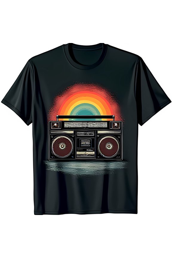 Vintage Boombox Black T-Shirt with Colorful Rainbow Design