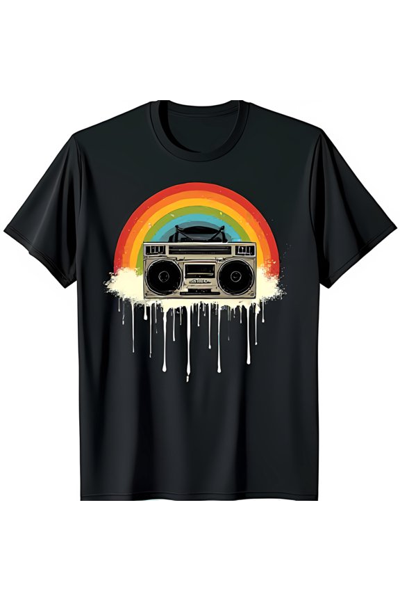 Vintage Boombox Graphic T-Shirt for Men & Women Retro Rainbow Design on Black