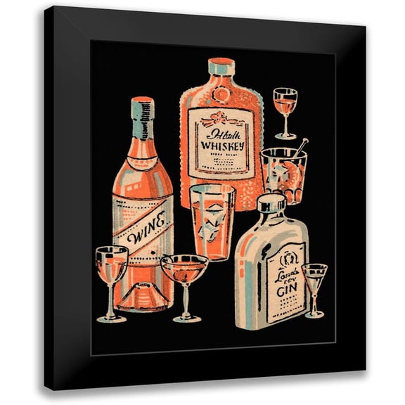 Vintage Booze Labels 12x14 Black Modern Framed Museum Art Print Titled - Whiskey, Wine and Gin