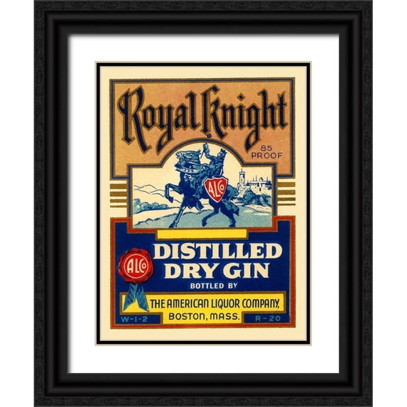 Vintage Booze Labels 12x14 Black Ornate Wood Framed with Double Matting Museum Art Print Titled - Royal Knight Distilled Dry Gin