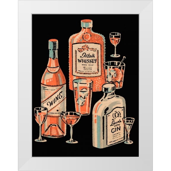 Vintage Booze Labels 12x14 White Modern Wood Framed Museum Art Print Titled - Whiskey, Wine and Gin