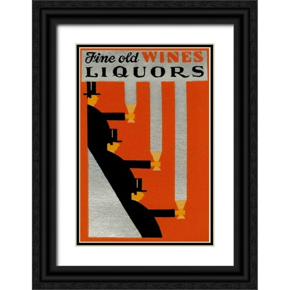 Vintage Booze Labels 17x24 Black Ornate Wood Framed with Double Matting Museum Art Print Titled - Fine Old Wines Liquors