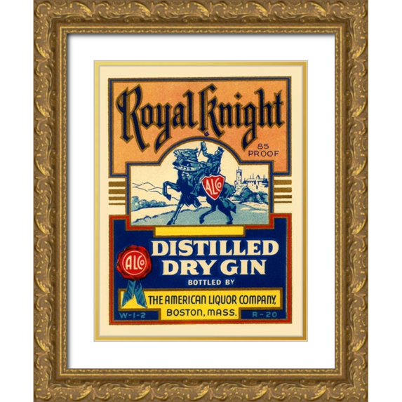 Vintage Booze Labels 19x24 Gold Ornate Wood Framed with Double Matting Museum Art Print Titled - Royal Knight Distilled Dry Gin