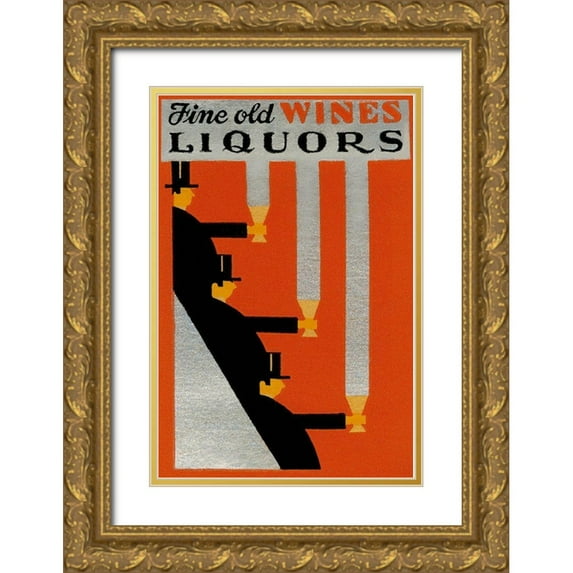 Vintage Booze Labels 23x32 Gold Ornate Wood Framed with Double Matting Museum Art Print Titled - Fine Old Wines Liquors