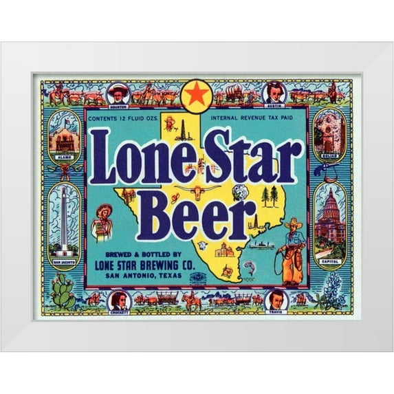 Vintage Booze Labels 32x25 White Modern Wood Framed Museum Art Print Titled - Lone Star Beer