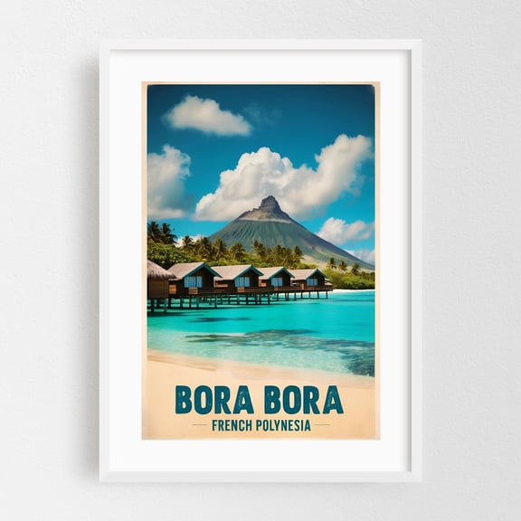 Vintage Bora Bora Illustration | Tropical Island Paradise Art - Bora-Bora Leeward Islands French Polynesia Illustration Travel Poster Vintage Poster Tropical White Framed Wall Art Print 5 x 7 inches