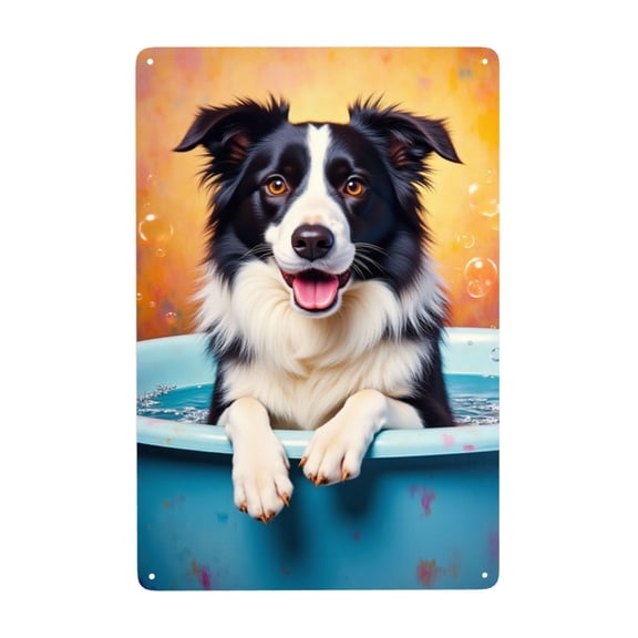 Vintage Border Collie Bath Time Metal Tin Sign Dog Wall Decor Pet Lover Gift Metal Sign Tin Sign 8x12 Inch