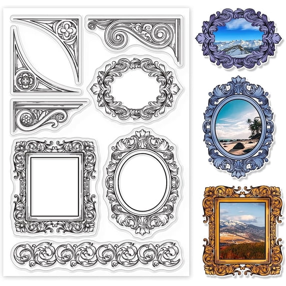 1sheet Vintage Border and Corner Silicone Clear Stamp European Flower Border Transparent Silicone Stamp Baroque