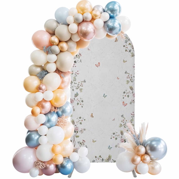 Vintage Botanical Arch Backdrop Cover, Spandex Fitted Wedding Arch Cover, Spring Floral Botterfly Summer Flower Round Top Stand Covers for Birthday Ceremony Bridal Shower Party Decor 5x2.1 Ft