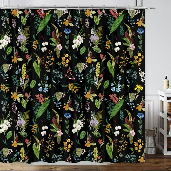 Vintage Botanical Boho Shower Curtain, Bright Abstract Bohemian Plant Flower Shower Curtain Set, Magical Garden Aesthetic Boho Chic Flowers Leaves Fabric Shower Curtain 12 Pack Hooks, 72X72 Black