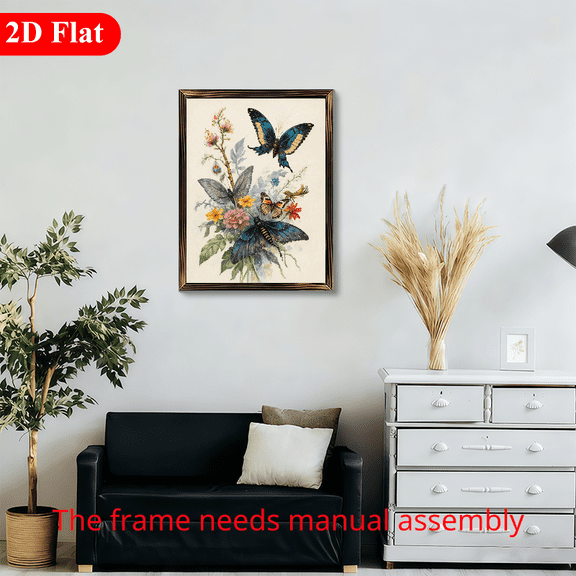 Vintage Botanical Butterfly Wall Art 12x16 Inch Framed Wood Panel, Rectangular Floral and Insect Print for Living Room Bedroom Home Decor 1pc