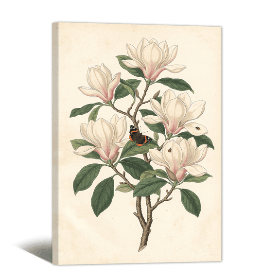 Vintage Botanical Canvas Wall Art Antique Magnolia Butterfly Picture Prints, Rustic Retro Flower Artwork Paintings for Living Room Bedroom Bathroom Home Decor