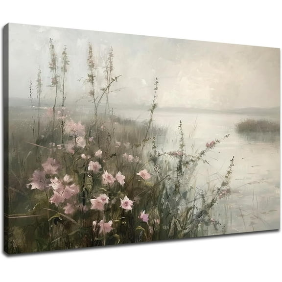 Vintage Botanical Canvas Wall Art French Farmhouse Prints Decor Landscape Field Canvas Wall Art Painting Wildflower Field Landscape Picture Painting for Home Bedroom Bathroom Wall Decor
