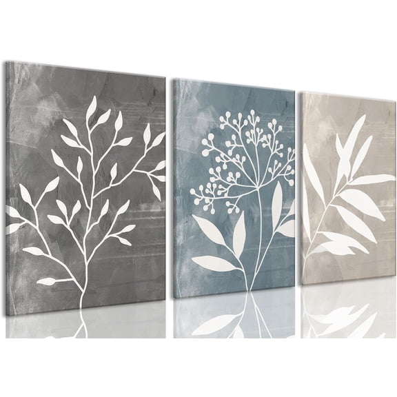Vintage Botanical Canvas Wall Art Set of 3 Blue Grey and Beige Neutral Plant Leaf Prints Boho Minimalist Floral Art Pictures Wall Decor for Living Room Bedroom bathroom Office-12x16in