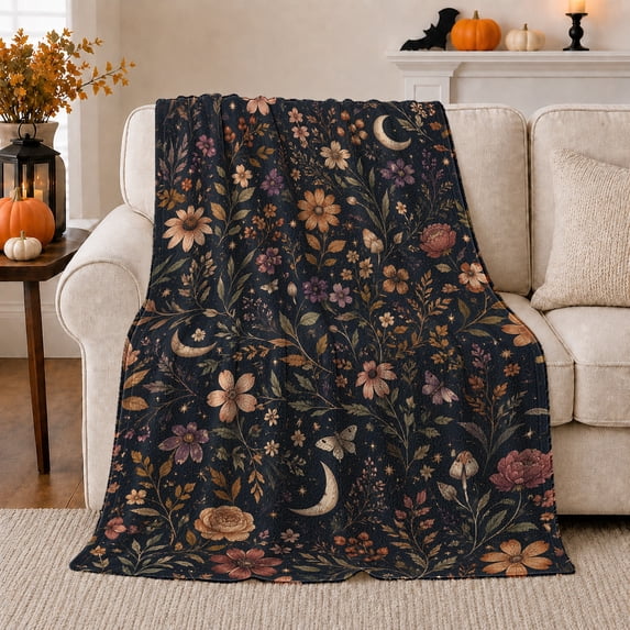 Vintage Botanical Crescent Moon Motif Dark Floral Celestial, Mystical Celestial Art Scene, Warm Flannel Blanket for Sunroom and Reading Nook, Garden Lovers Housewarming Gift, Fantasy Home Decor