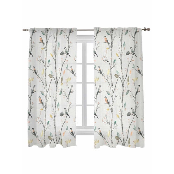 Vintage Botanical Curtains 63 Inch Length, Sheer Curtains for Bedroom Living Room Window Birds Branch Watercolor Leaf Rod Pocket Voile Drapes Kitchen Curtains Small Half Window 42"x63" 2 Panels