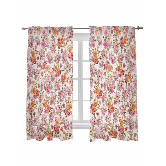 Vintage Botanical Curtains 63 Inch Length, Sheer Curtains for Bedroom Living Room Window Farmhouse Orange Pink Spring Floral Rod Pocket Drapes Kitchen Curtains Small Half Window 42"x63" 2 Panels