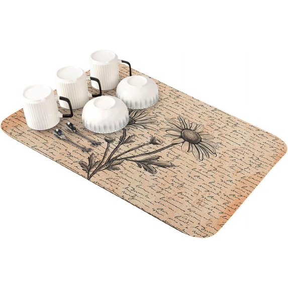 Vintage Botanical Dish Drying Mat for Kitchen Counter,Super Absorbent Quick Dry Coffee Bar Mat Pad Thin Diatomaceous Sink Mat Non Slip Dish Drainer Mat 16x18 Spring Floral Retro Brown Summer Botanical