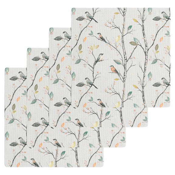 Vintage Botanical Dish Towels Set, Waffle Weave Kitchen Towels 4 Pieces, Birds Branch Watercolor Leaf Microfiber Hair Face Bath Tea Towel Absorbent Quick Drying Cleaning Dish Cloths, 12"x12"