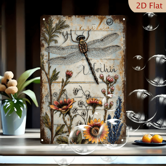 Vintage Botanical Dragonfly & Floral Wall Art, 8x12 Inches Rustic Metal Tin Sign with Dandelion Sunflower Lavender, Antique Scientific Illustration Decor for Kitchen Farmhouse Home