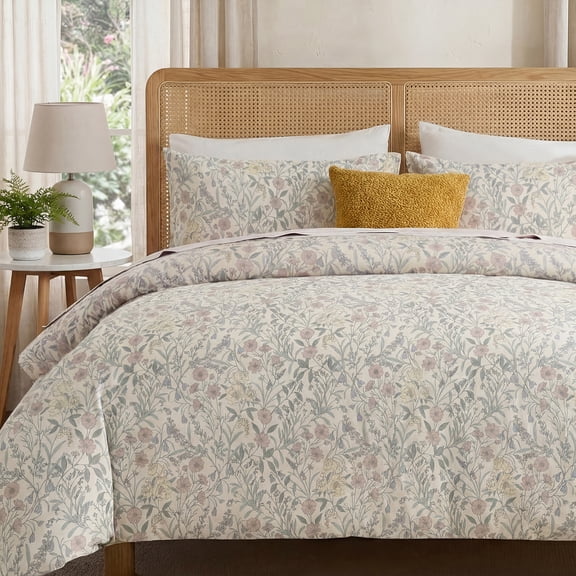 100% Cotton Floral Duvet Cover Set, Vintage Botanical 3 Piece Bedding, Soft 200TC Twill Cotton, Muted Garden Print for Cottage & Country Bedroom (Queen Size)