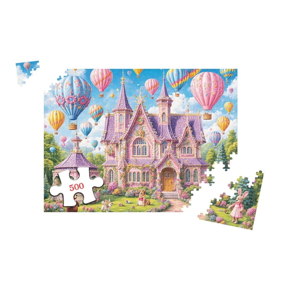 Vintage Botanical Fantasy House Jigsaw 500 Pieces for Adults, 20.5x15 Inch Fine Art Landscape Puzzle with Floral Garden and Hot Air Balloons, Challenging Puzzle for Home Decor and Relaxation