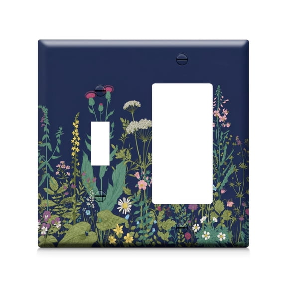 Vintage Botanical Floral 1 Toggle 1 Rocker Switch & Outlet Plate, Navy Blue PC Cover for Home
