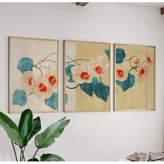 Vintage Botanical Floral Blue Green Asian Ink Flower Triptych Art Set 3 Unframed Paper Print 8x12