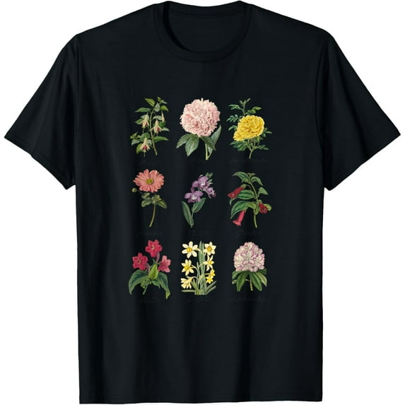 Vintage Botanical Floral Flower T-Shirt T-Shirt, WhiteMen and women, Black T-shirt, size: Extra large