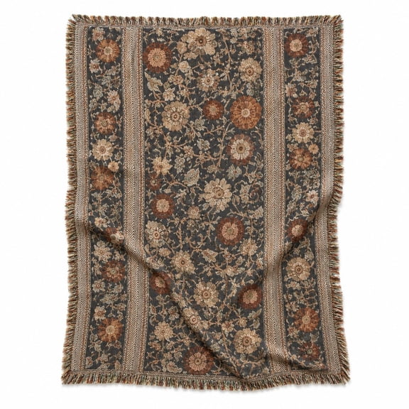 Vintage Botanical Floral Navy, Rust and Beige Woven Throw Blanket, Cotton with Fringed Edges, Ornate Traditional Decor for Couch and Bed