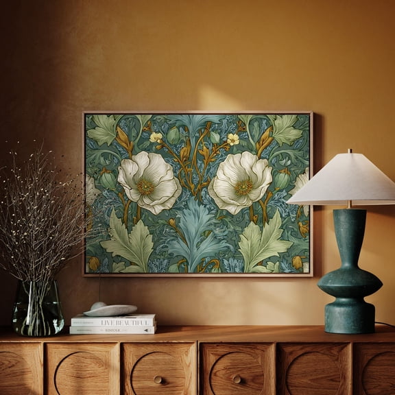 Vintage Botanical Floral Pattern with Cream Blooms, wall decor, home decor, art print, gallery wall, living room art, statement artwork, interior decor, vintage artwork