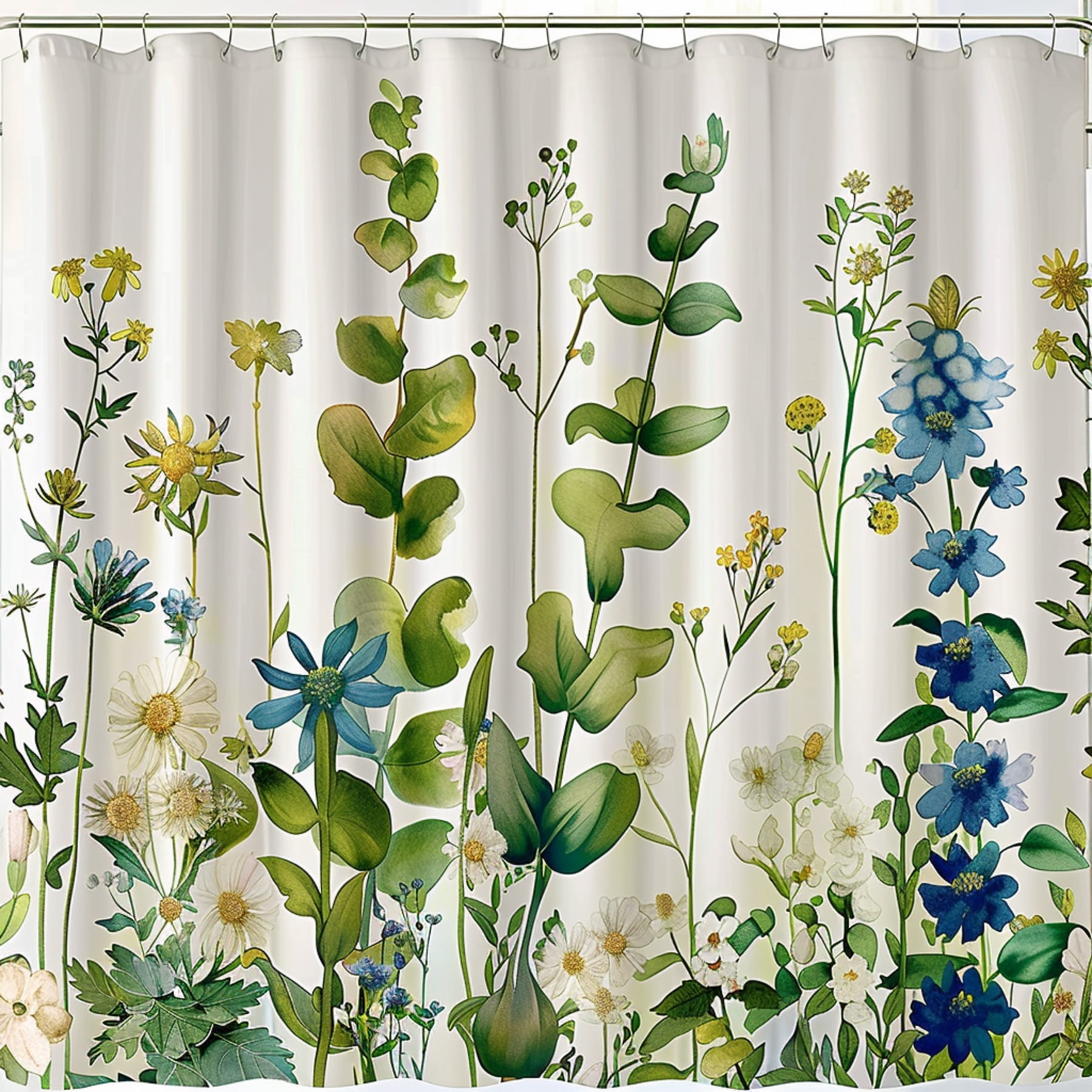 Vintage Botanical Floral Shower Curtain Detailed Watercolor Flowers in Blue Green Yellow Hyper ...