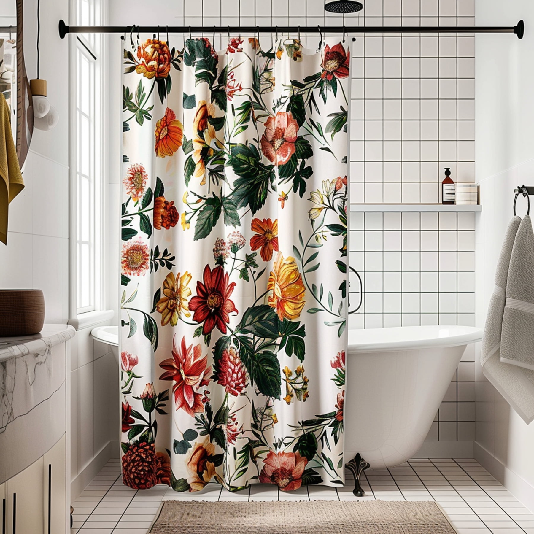 Vintage Botanical Floral Shower Curtain with Large Hyper Realistic Flowers on White Linen Modern ...