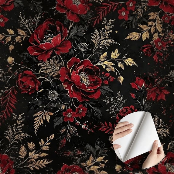 Vintage Gothic Floral Wallpaper, Red and Gold Peony Flower Peel and Stick Waterproof Home Decor for Living Room Bedroom Bathroom Kitchen Cabinet Drawer 17.7 * 118 in