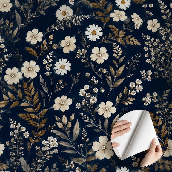 Vintage Botanical Floral Wallpaper Dark Navy Blue Meadow Flowers Peel and Stick Waterproof Wall Decoration Modern Rustic Aesthetic for Bedroom Living Room Kitchen Cabinet 17.7 * 78.5 in
