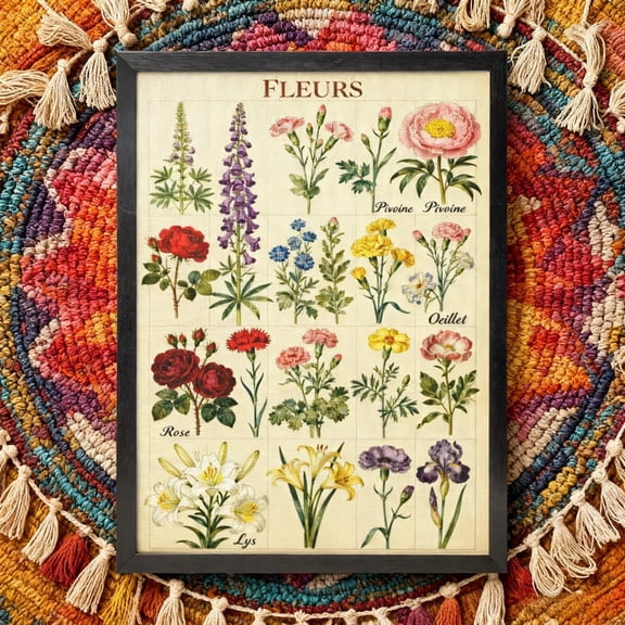 Vintage Botanical Flower Chart, French “Fleurs Print, Retro Floral Wall Art Print Home Decor #38, Unframed Poster Size 8x12