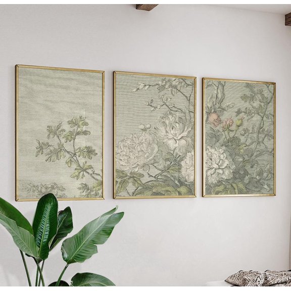 Vintage Botanical Flower Floral Illustration Triptych Decor Art, Stretched Canvas