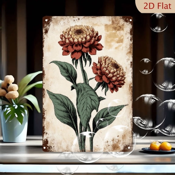 Vintage Botanical Flowers Art Print 8x12 Inch Metal Wall Decor, Reddish-Brown Cream Beige Pom-Pom Blooms with Green Leaves on Aged Paper Background, Rustic Antique Style Tin Sign for Home Office