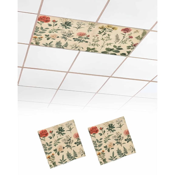 Vintage Botanical Fluorescent Light Covers for Ceiling Lights 4x2 feet,2 Pack Magnetic Light Filters for Classroom,Boho Plants Wildflower Mushroom Leaf Fluorescent Light Shade Panel for Office