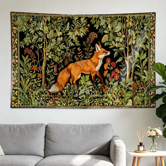 Vintage Botanical Fox Forest Wall tapestry, Large size Printed Horizontal Tapestry blanket, Polyester Fabric Wall Hanging for living room, bedroom, No Installation Required, Indoor, Outdoor, Gift for