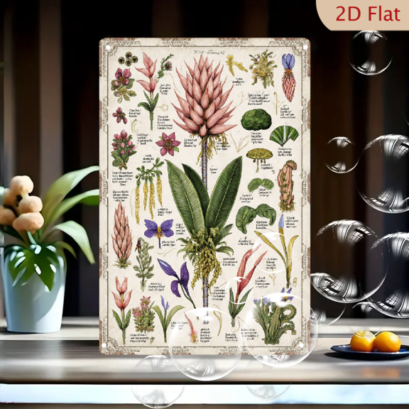 Vintage Botanical Illustration 8x12 Inches Metal Wall Art, Vintage Encyclopedia Style Plant & Fungi Chart with Spathiphyllum Orchids Mushrooms Ornate Border for Home Office Decor