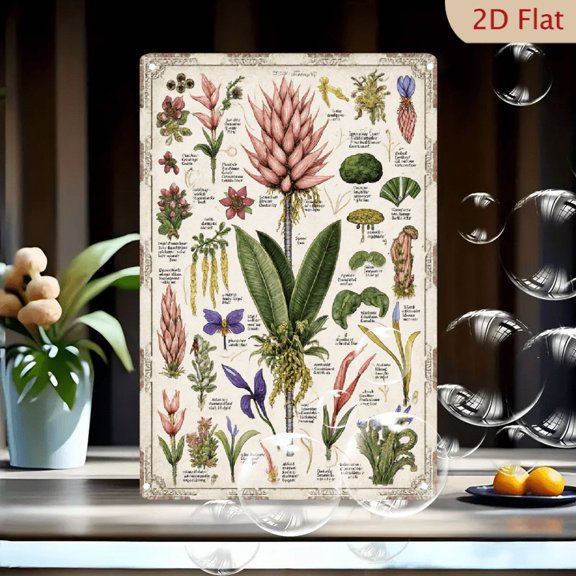 Vintage Botanical Illustration 8x12 Inches Metal Wall Art, Vintage Encyclopedia Style Plant & Fungi Chart with Spathiphyllum Orchids Mushrooms Ornate Border for Home Office Decor