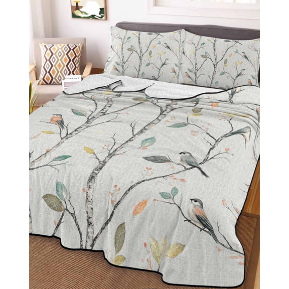 Vintage Botanical King Size Down Alternative Comforter, Lightweight Comforter Quilt Bedding Set with Pillow Shams Birds Branch Watercolor Leaf All Seasons Bed Comforter Duvet Insert 96"x106"