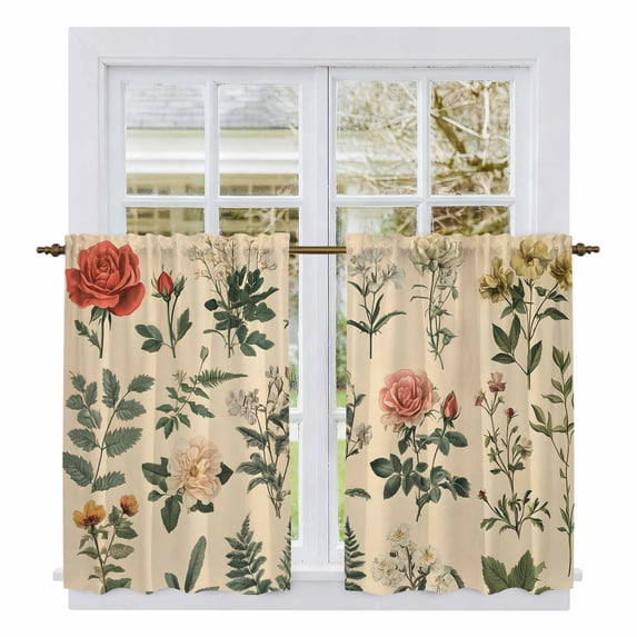 Vintage Botanical Kitchen Curtains, Boho Plants Wildflower Mushroom Leaf Light Filtering Window Curtain Panels, 2Pcs Rod Pocket Window Treatments Set for RV Dining Room Study Room 42x45 Inches