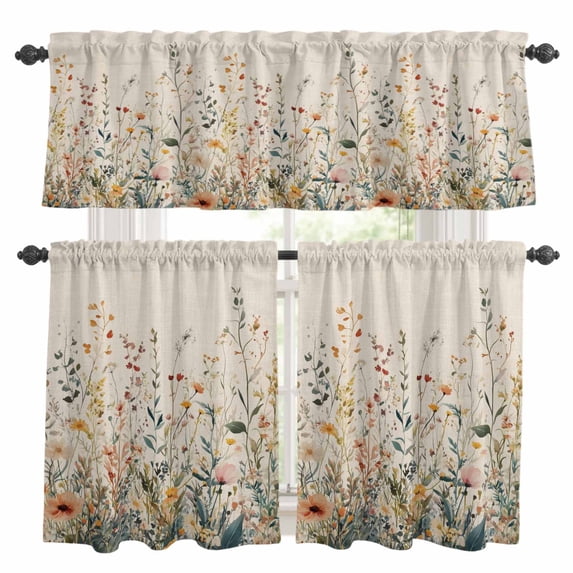 Vintage Botanical Kitchen Curtains Sets for Windows 24 Inch Length, Spring Floral Summer Botanical Rustic Rod Pocket Window Treatments Tier Curtains and Valances Set for Bedroom/Bathroom