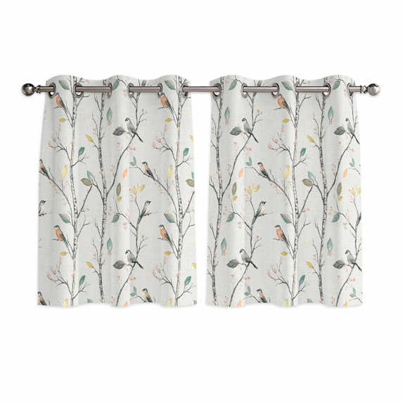 Vintage Botanical Kitchen Curtains Short 45 Inch Length, Birds Branch Watercolor Leaf Grommet Top Bedroom Living Room Curtains, Light Filtering Cafe Curtain Drapes 2 Panels Set 84''x45''